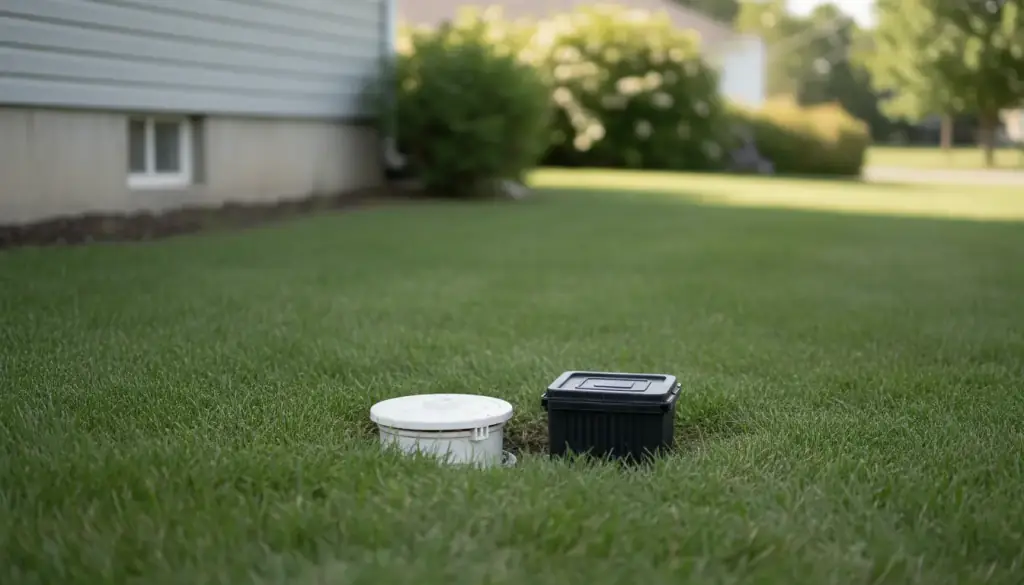 Two capped sewer cleanouts set in a green lawn beside the foundation of a house
