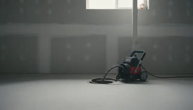 A drain cleaning machine beside an open basement floor drain
