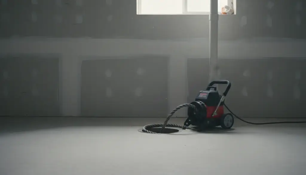 A drain cleaning machine with its steel cable fed into an open floor drain on a clean basement floor beside a white drain stack
