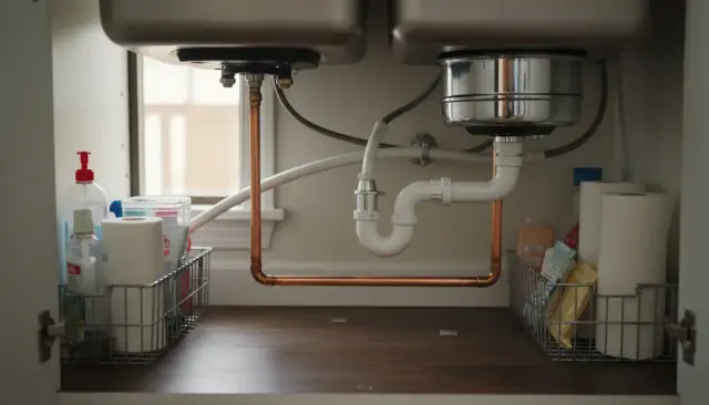 Under a kitchen sink: a stainless garbage disposal, white P-trap and copper supply lines