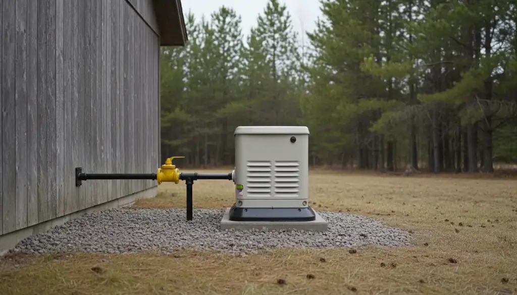A black iron gas line with a yellow shut-off valve running from a house wall to a standby generator on a gravel pad, pines behind