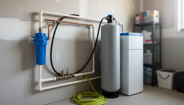 A blue whole-house filter housing on a basement water line