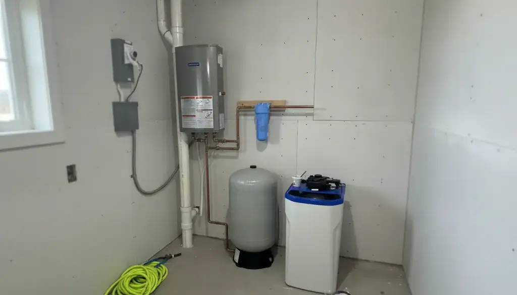 A wall-hung water heater with copper and PEX lines above a grey pressure tank and a white softener in a basement utility corner