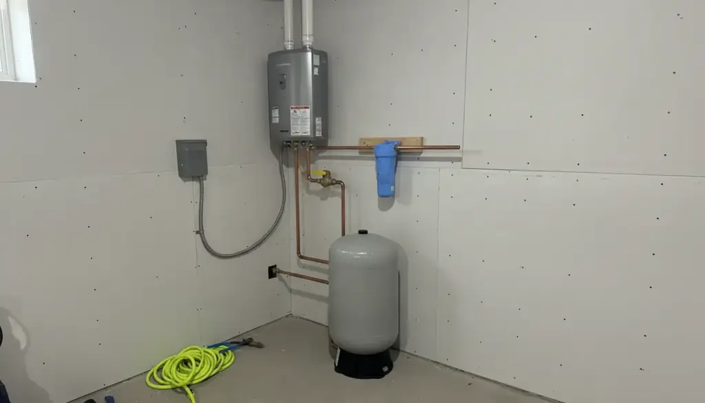 A wall-mounted tankless water heater with new copper supply lines and a gas valve on a grey basement wall, a pressure tank on the floor below